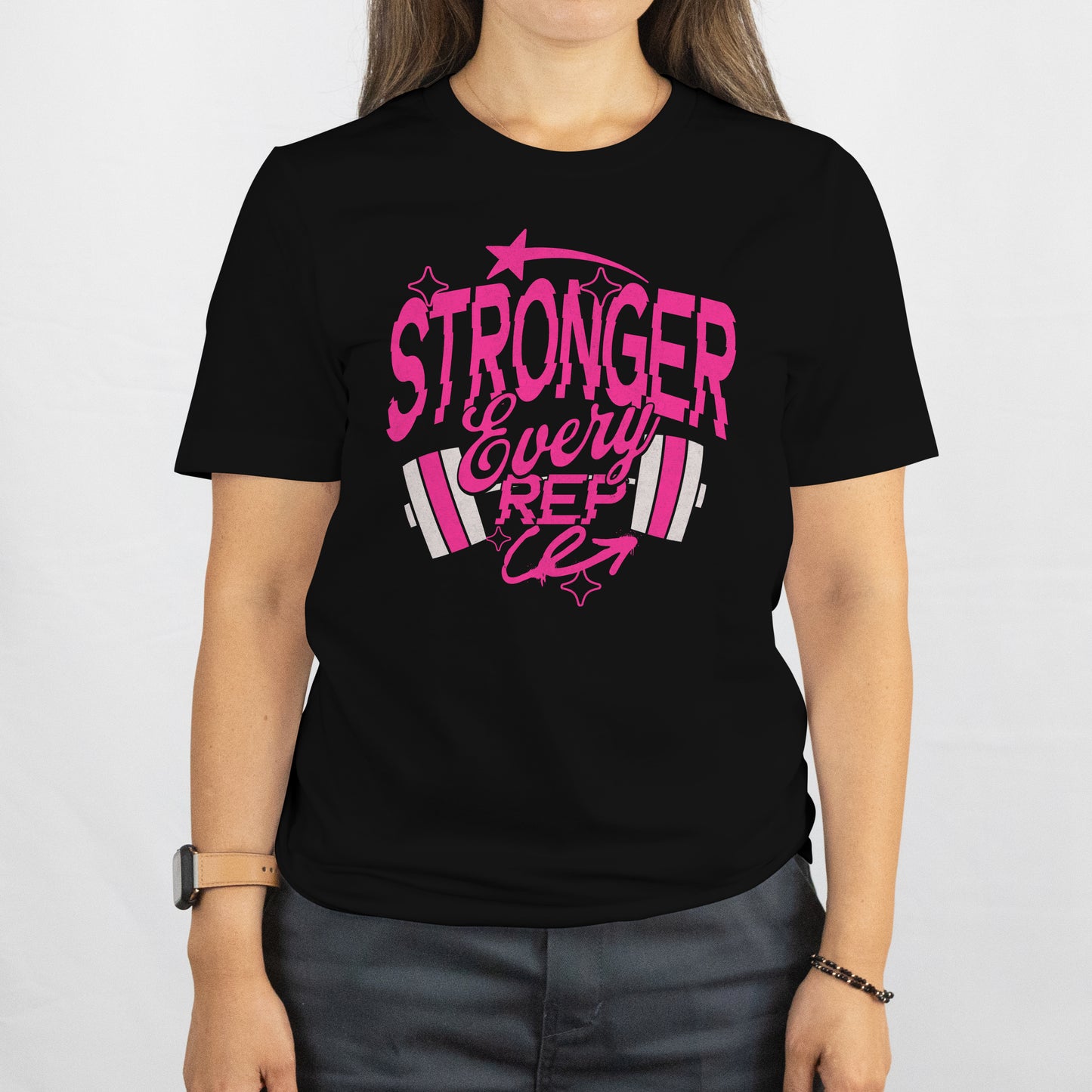 Stronger Every Rep Workout Tee Black Pink T-Shirt