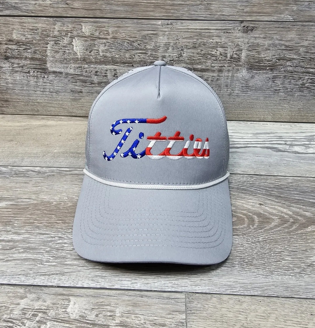 USA Titties Gray Golf Snapback Hat Curved Bill Adult White Rope Hat