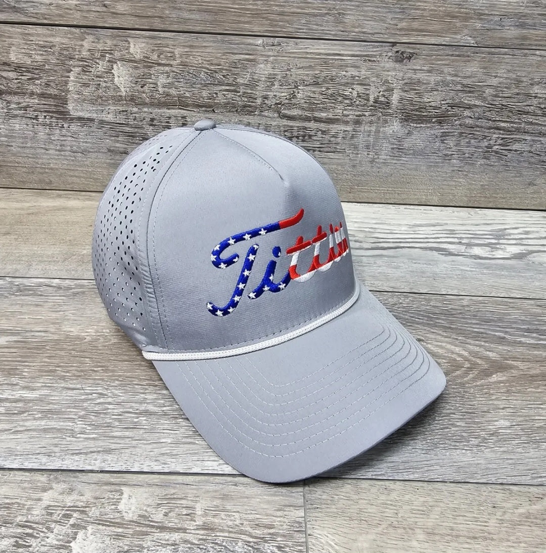 USA Titties Gray Golf Snapback Hat Curved Bill Adult White Rope Hat