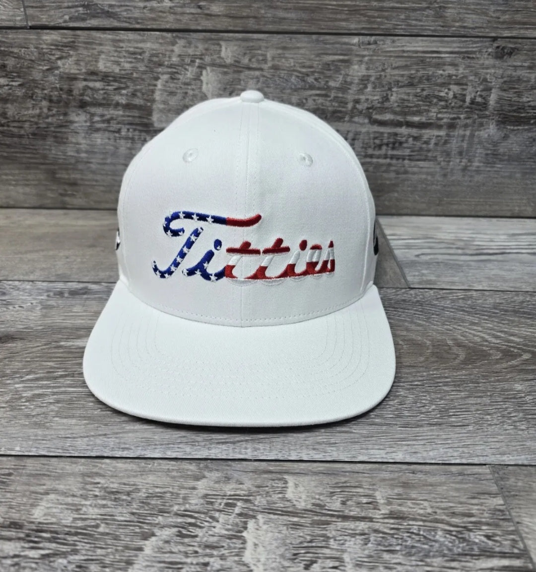 USA Titties White Golf Strapback Hat Curved Bill 4th Of July Hat- USA