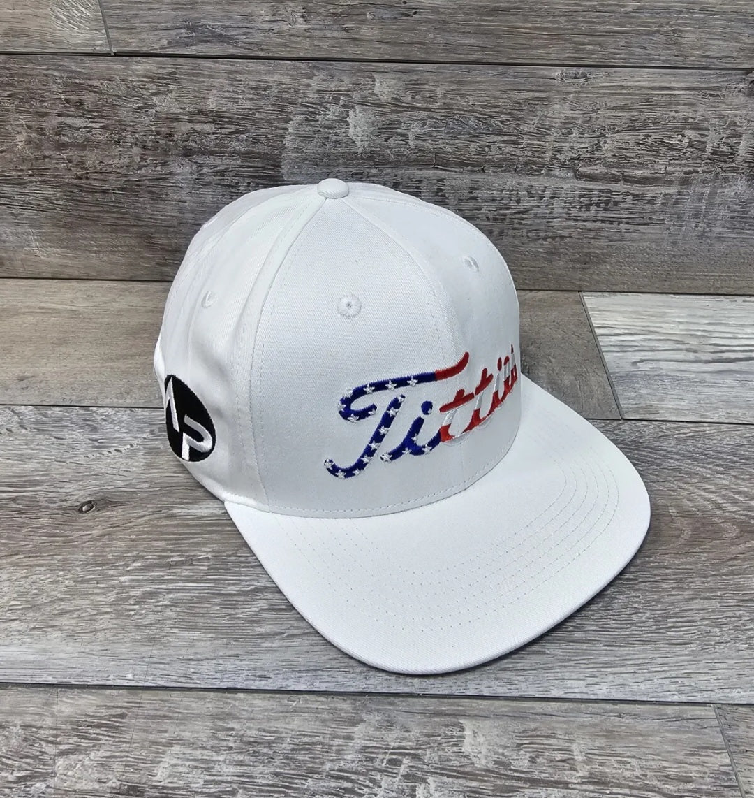 USA Titties White Golf Strapback Hat Curved Bill 4th Of July Hat- USA