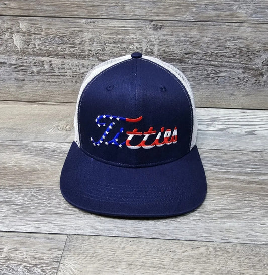 USA Patriotic Titties Blue/White Mesh Back Trucker Cap Hat Adult Snapback