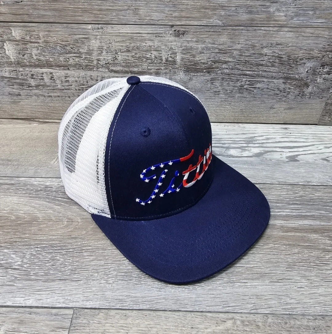 USA Patriotic Titties Blue/White Mesh Back Trucker Cap Hat Adult Snapback