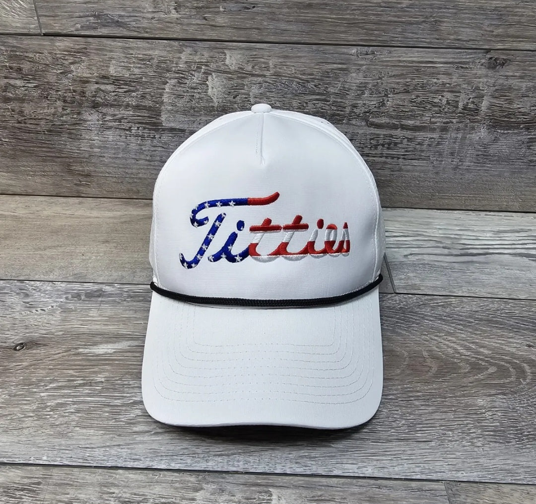 USA Titties White Golf Snapback Hat Curved Bill Adult Black Rope Hat