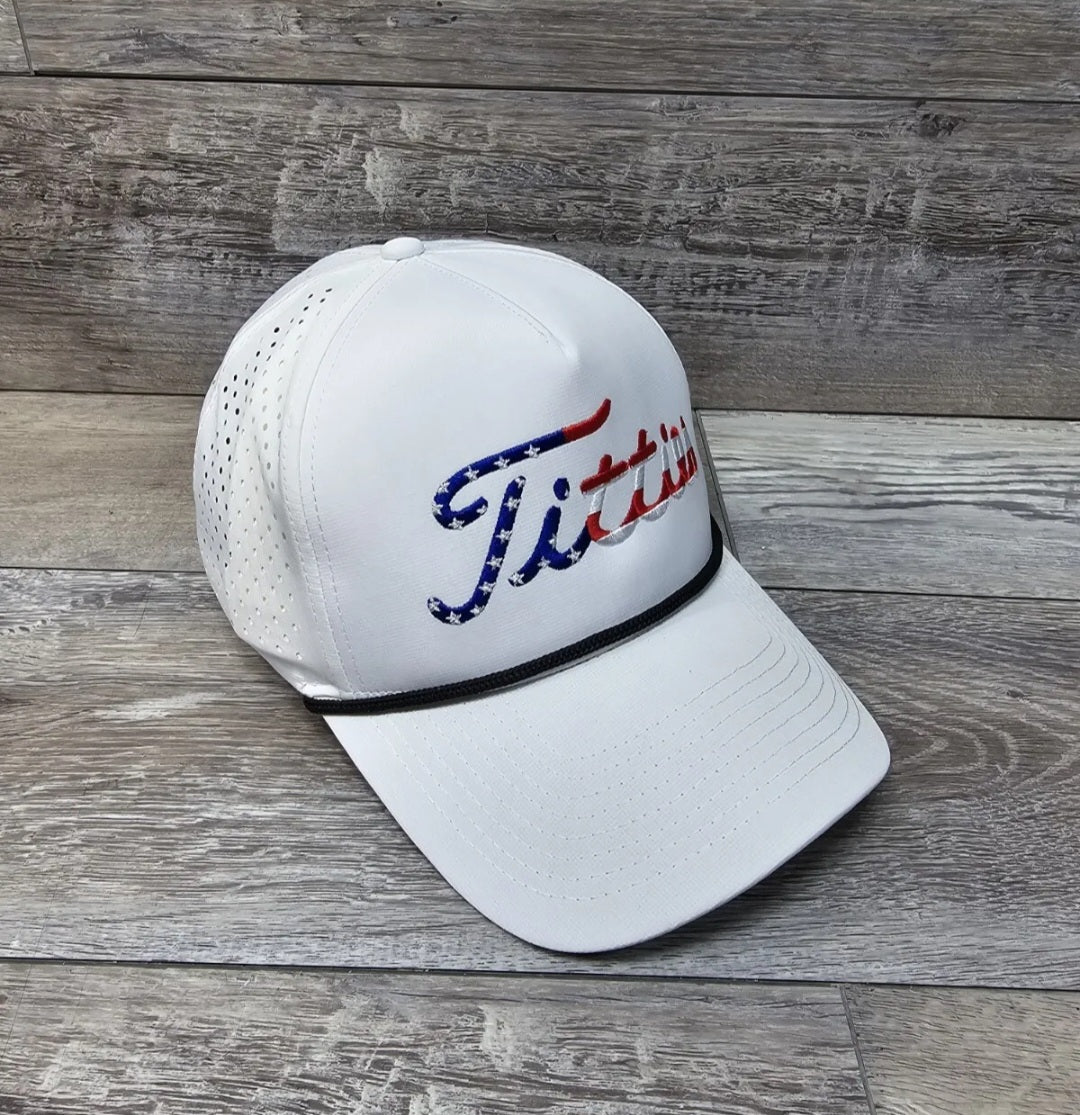 USA Titties White Golf Snapback Hat Curved Bill Adult Black Rope Hat