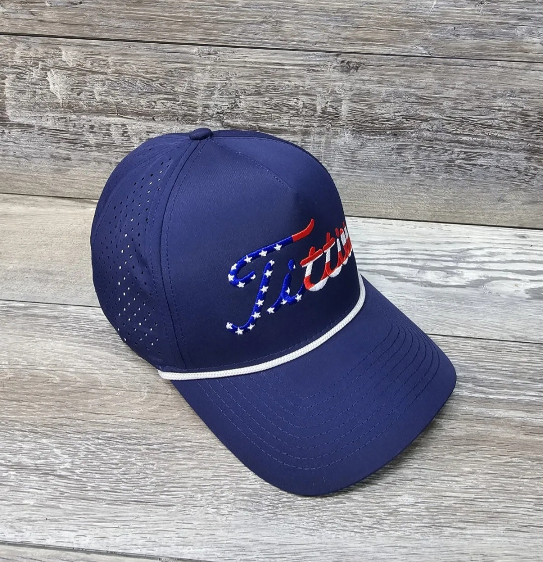 USA Titties Blue Golf Snapback Hat Curved Bill Adult White Rope Hat