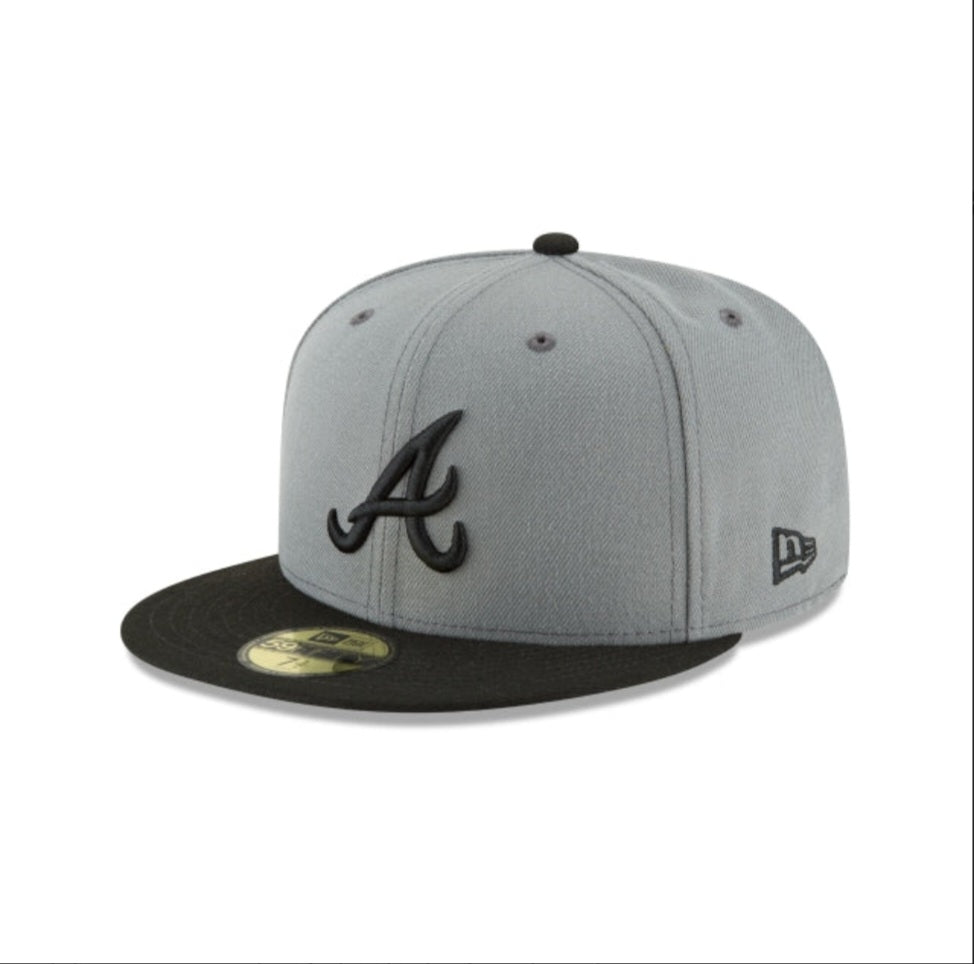 New Era Atlanta Braves Cap Hat Adult Mens Fitted Embroidered Logo Gray Black