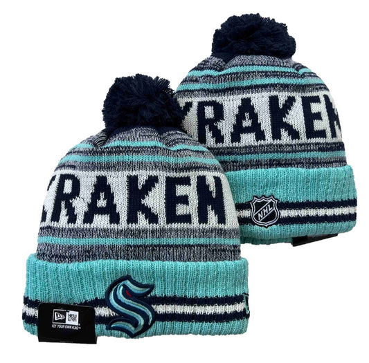 Seattle Kraken Throwback New Era NHL Hockey Pom Knit Hat On Field Beanie Hat Cap